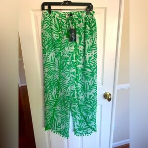 NEW CZ Club Beach Collection Pants: Sheer White/Green Print Elastic Waist XL